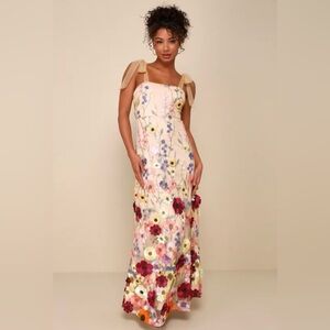 Lulus Thriving Poise Blush 3D Floral Embroidered Tie-Strap Maxi Dress Women’s XL